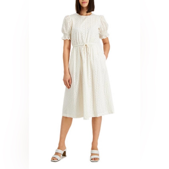 Alfani White Eyelet Midi Dress with Puff Sleeves - Picture 1 of 6